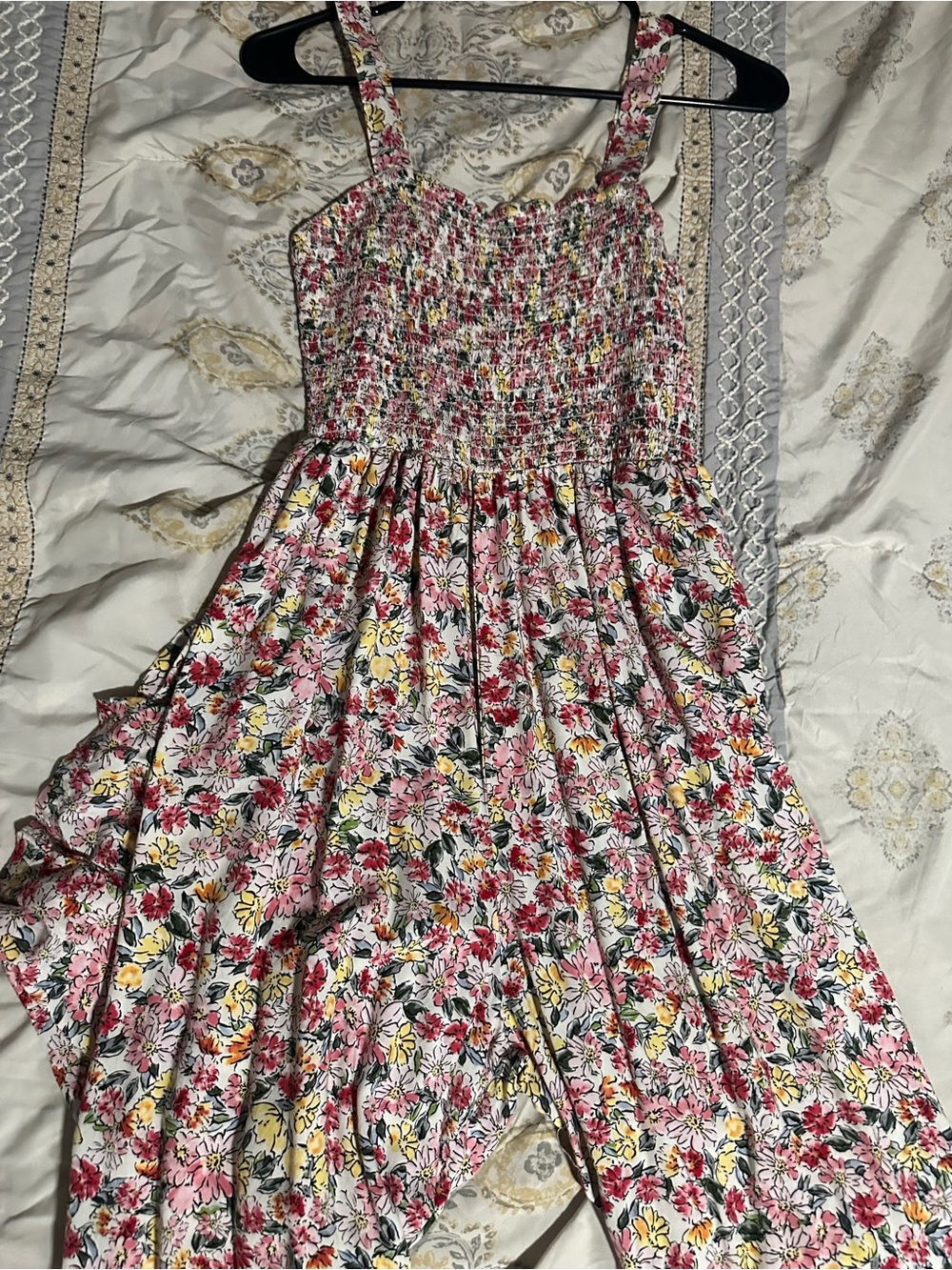 Floral Smocked Jumpsuit with Pink & Yellow Blooms